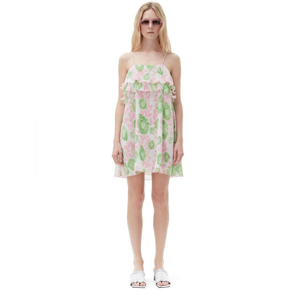 GANNI Womens Pink Green Pleated Ruffle Georgette Strap Mini Dress Sz S